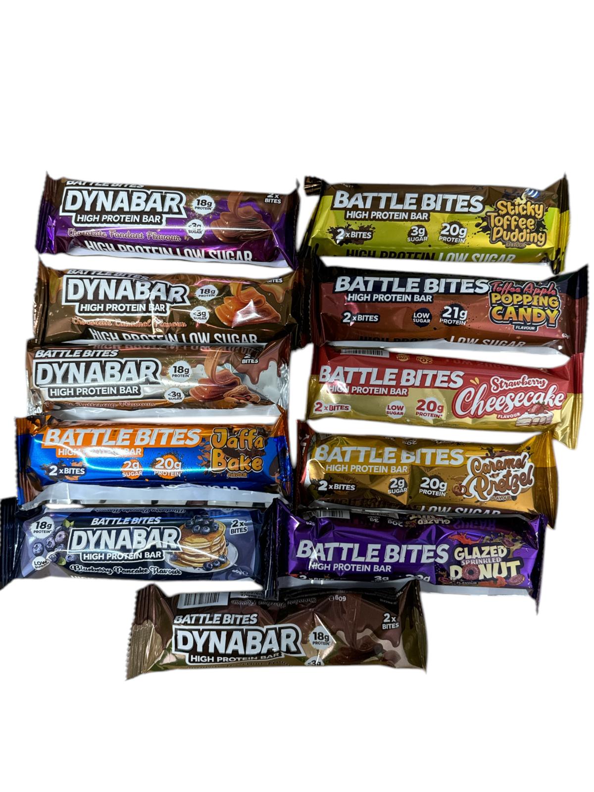 Battle bites bundle - blueberry pancake, Jaffa bake, peanut buttercup, chocolate caramel, chocolate fondant, chocolate hazelnut, glazed sprinkled donut, caramel pretzel, strawberry cheesecake, toffee apple popping candy, sticky toffee pudding