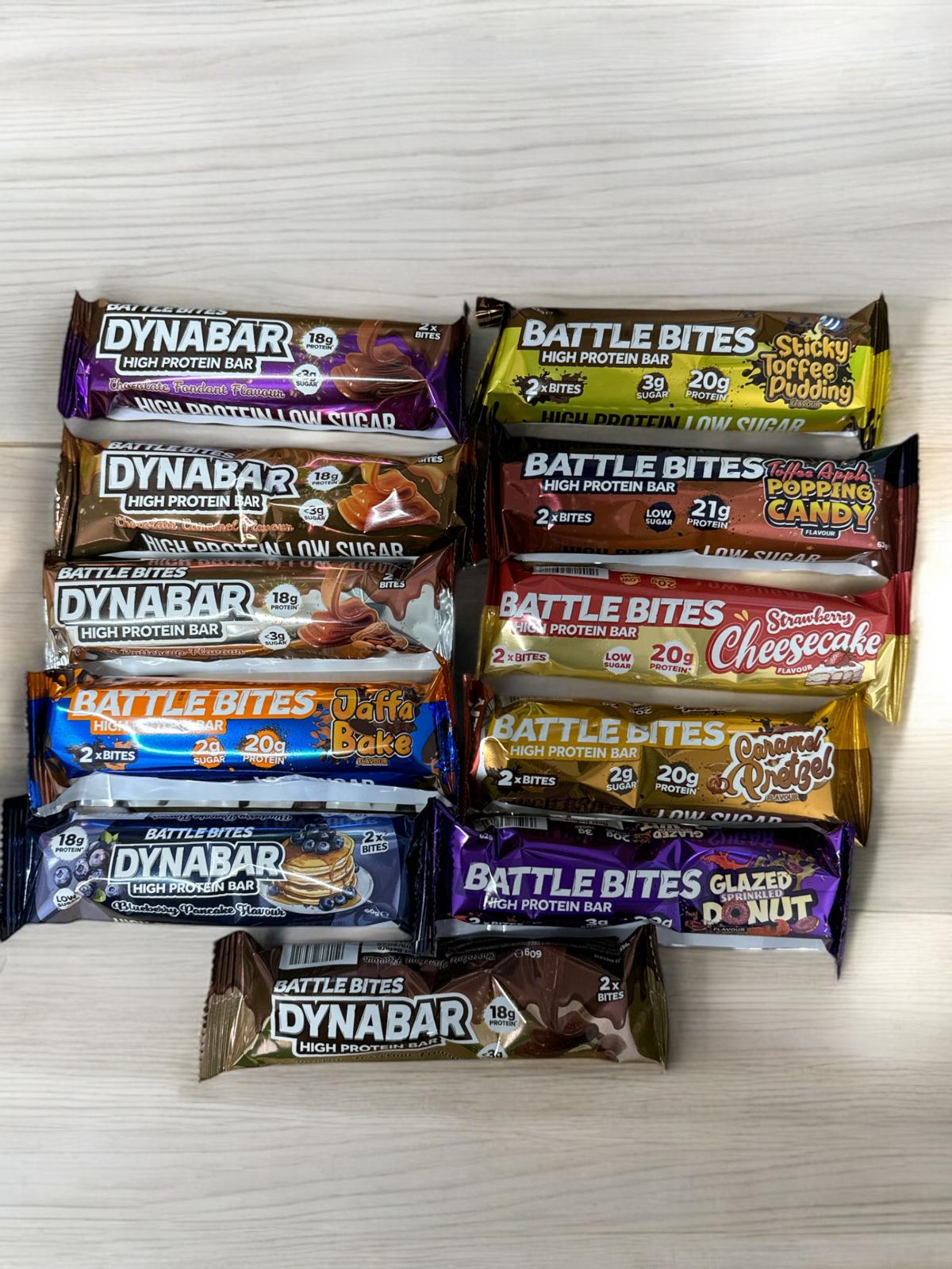 Battle bites bundle - blueberry pancake, Jaffa bake, peanut buttercup, chocolate caramel, chocolate fondant, chocolate hazelnut, glazed sprinkled donut, caramel pretzel, strawberry cheesecake, toffee apple popping candy, sticky toffee pudding