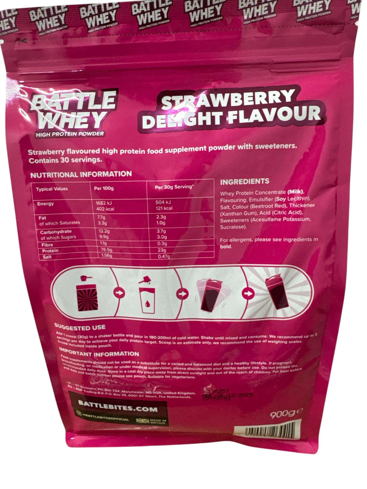 Battle whey strawberry delight protein, 6 protein bars selected from a variety of delicious flavours and a FREE 500ml shaker